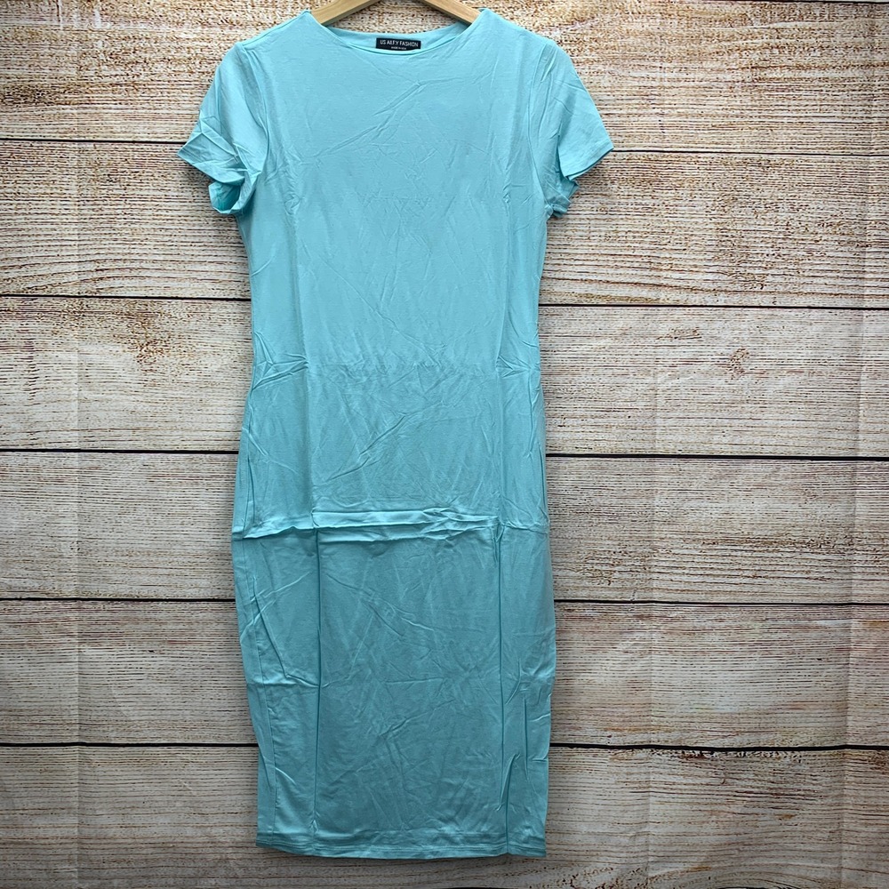 US‎ Allfy Fashion Women's Azure Blue Slim Fit Midi T Shirt Dress Size Large New